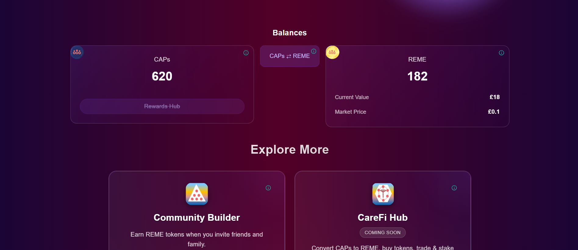 ReMeLife wallet balances for CAPS and REME tokens