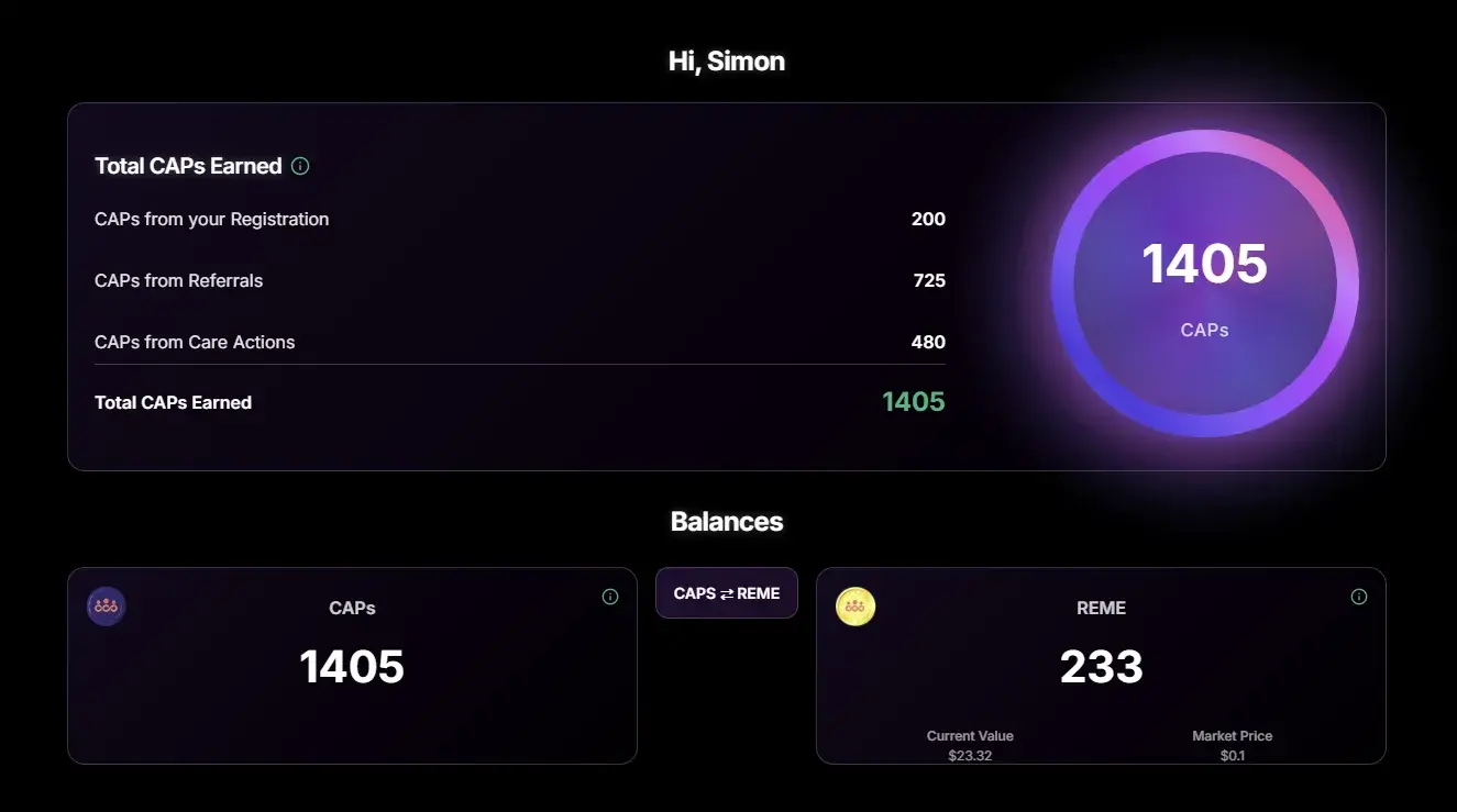 ReMeLife wallet dashboard showing total CAPS earned