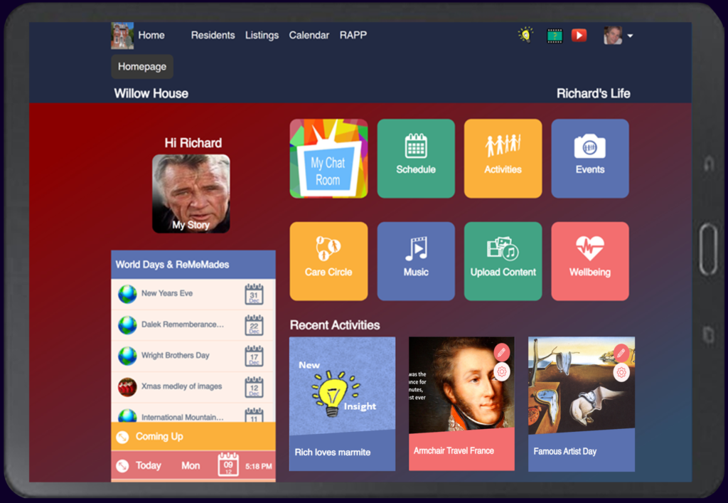 Care home dashboard showing personalized interface