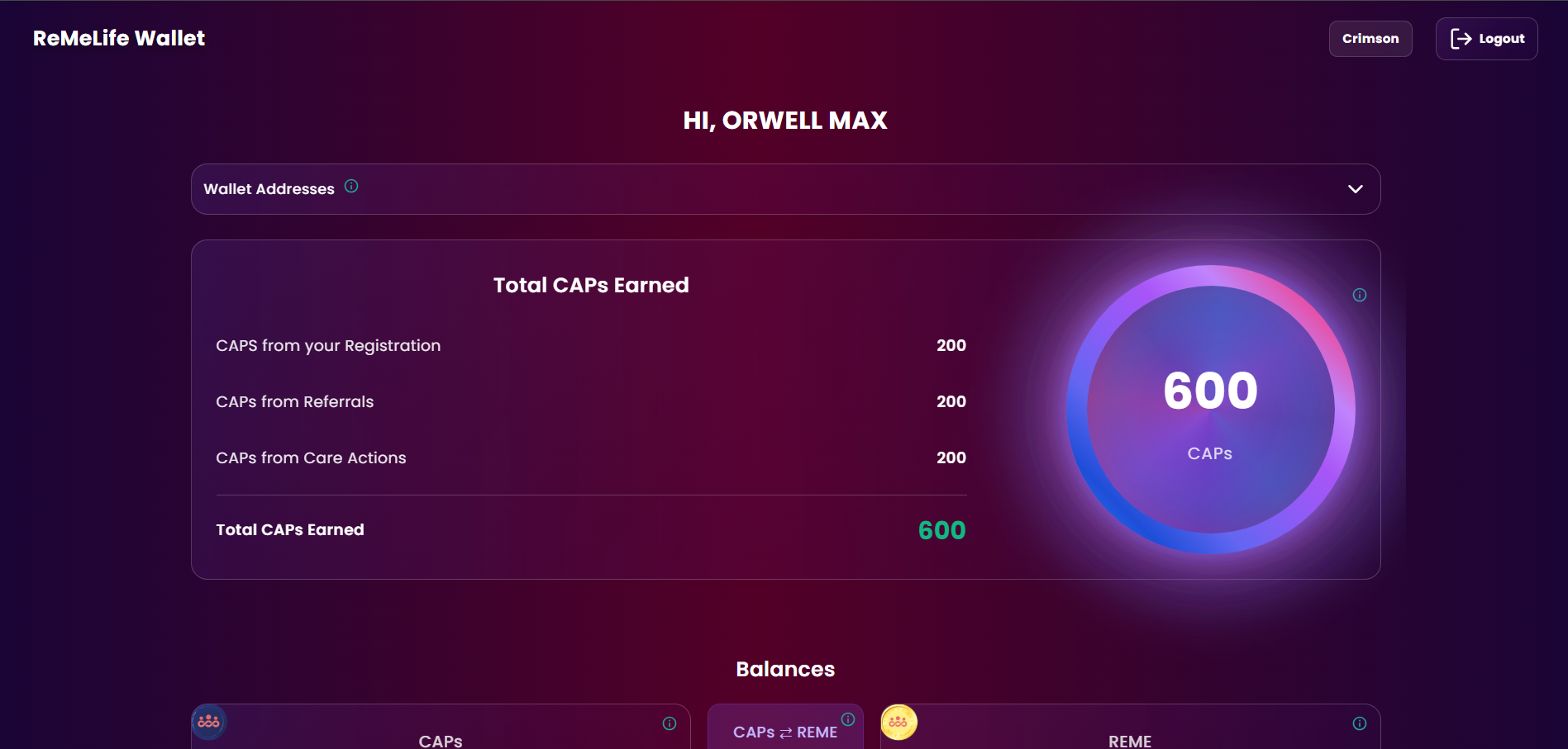 ReMeLife wallet dashboard showing total CAPS earned