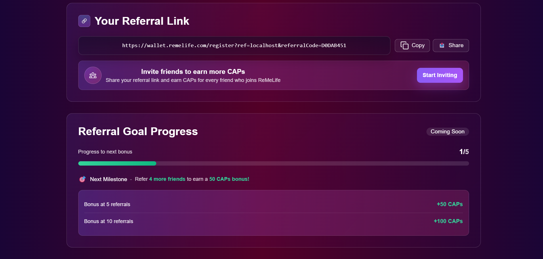 ReMeLife referral system showing multi-level rewards structure and referral link